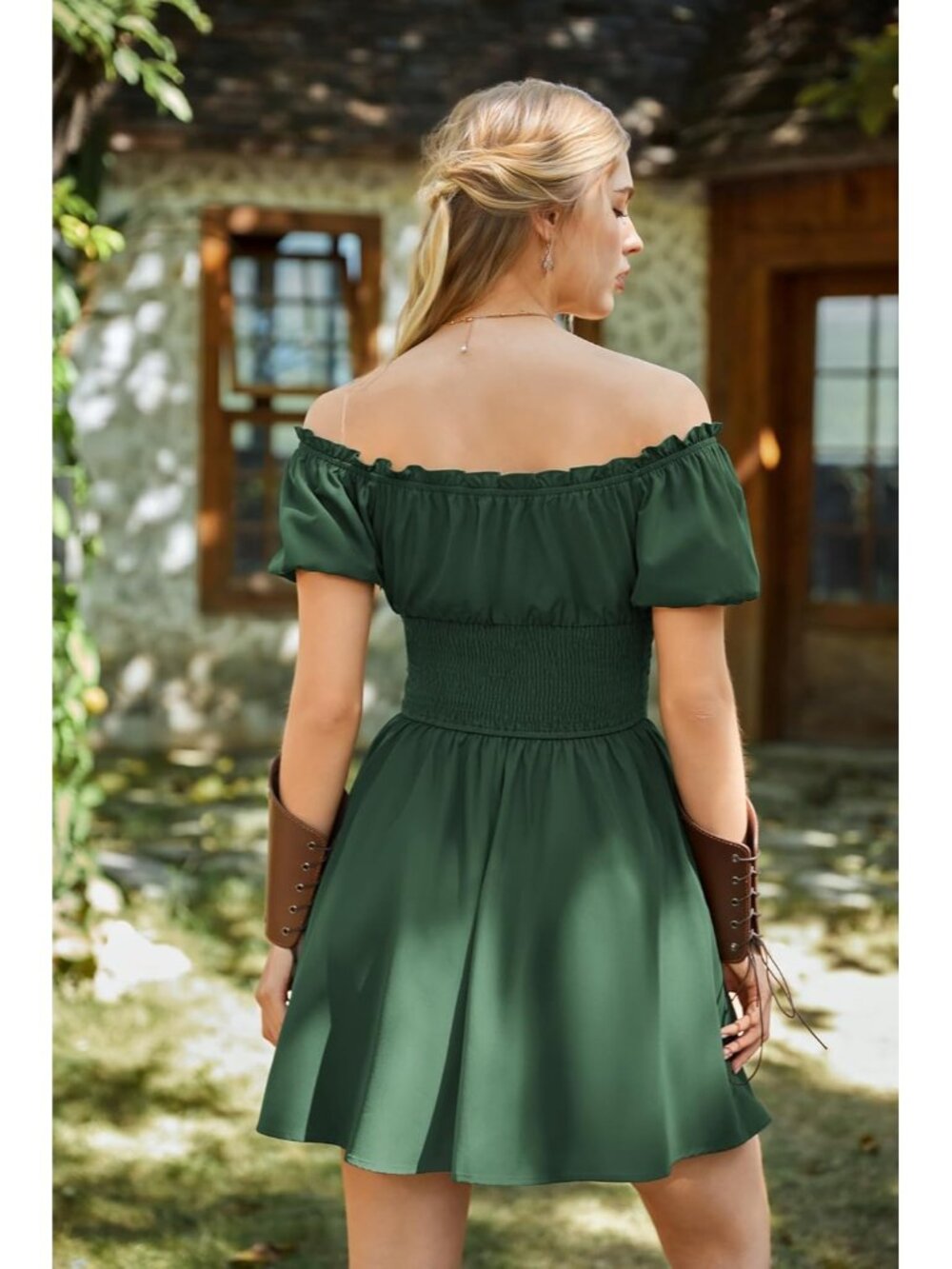 Women's Olive Renaissance Costume Corset Dress Mini Off Shoulder Fairy Dresses - Picture 3 of 6